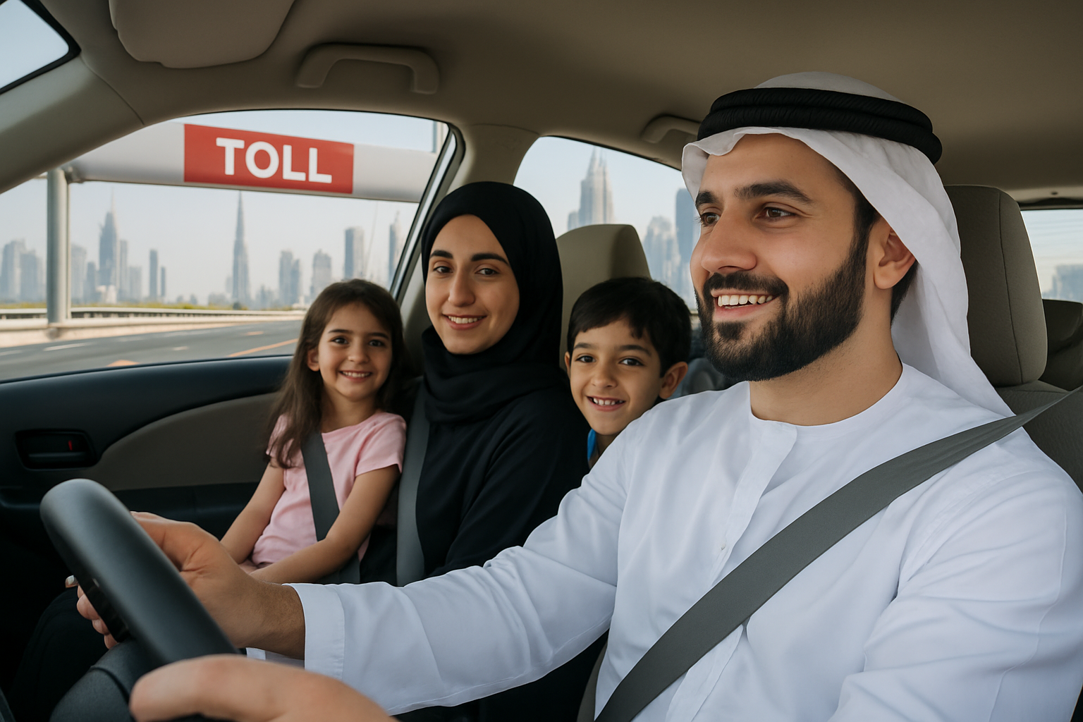 Family driving through a Dubai toll road